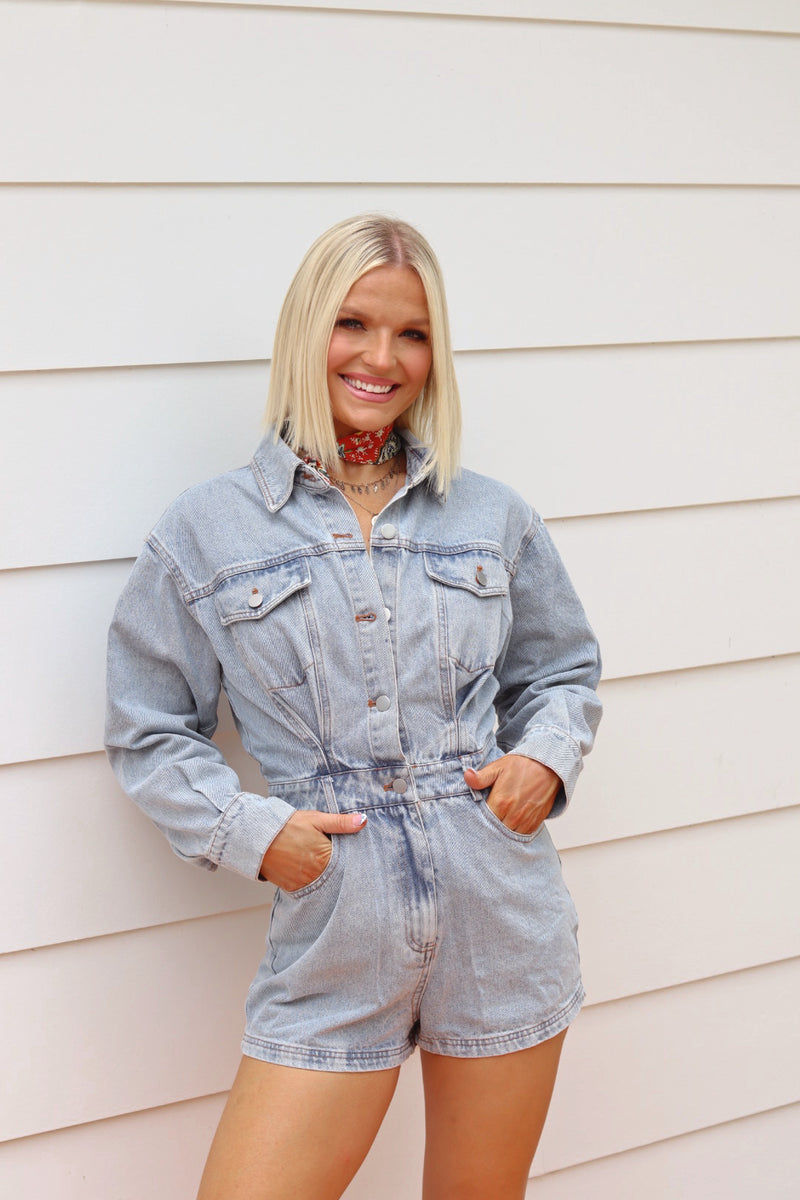 Denim Romper in Light Wash – Louise and Mae Boutique