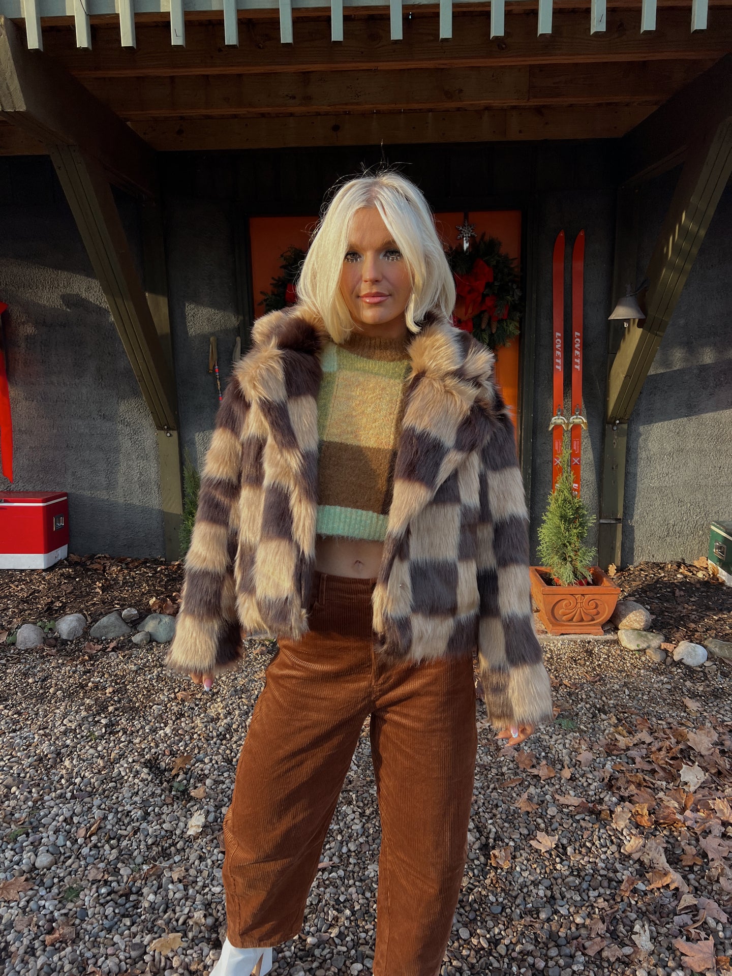 Tanya Checkered Fur Coat - Tan/Brown