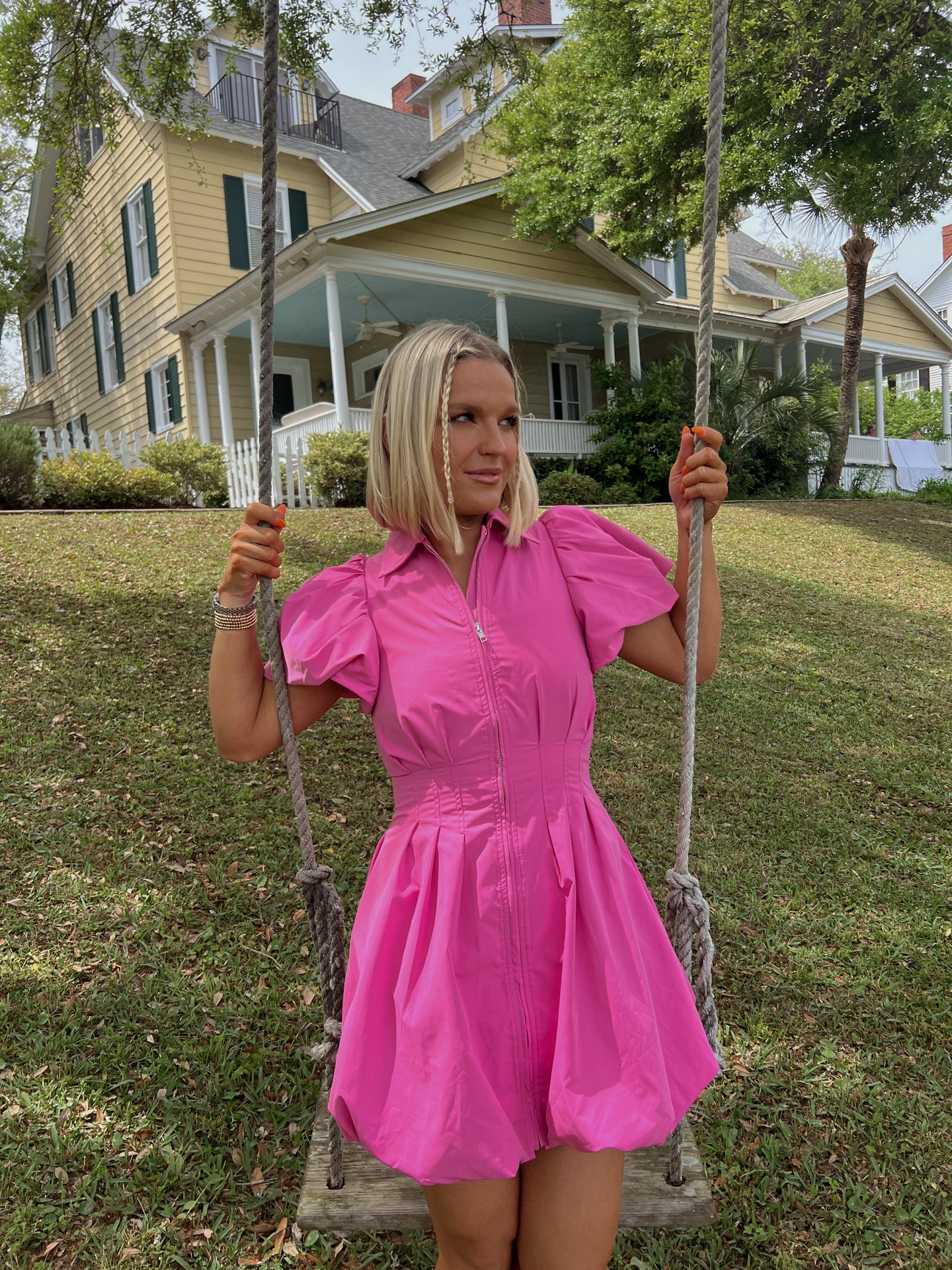 Blair Zip-Up Puff Sleeve Dress - Pink