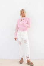 Load image into Gallery viewer, Eloise Mock Neck Eyelet Open-Back Blouse - Baby Pink
