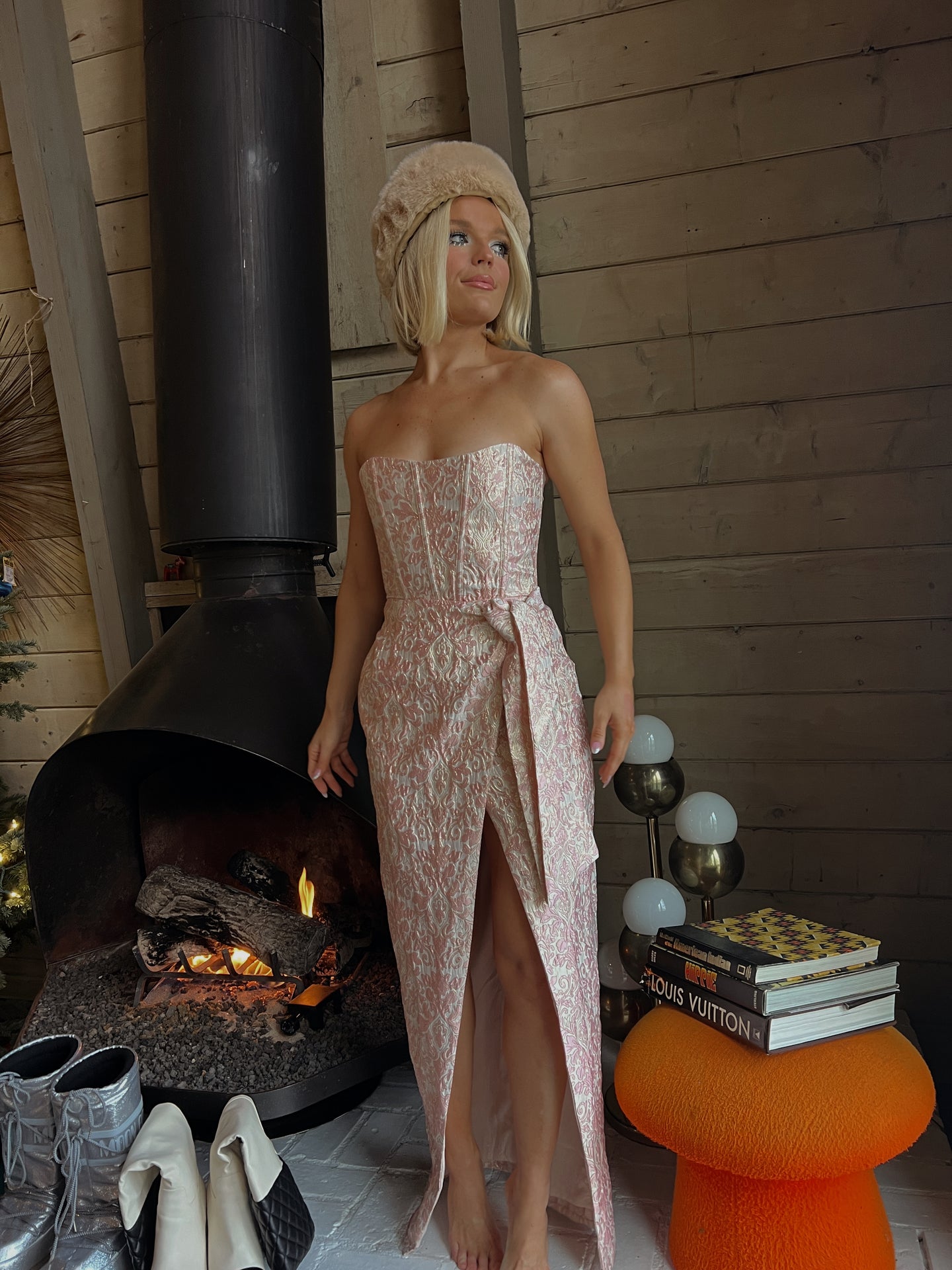 Celine Corset Wrap Front Strapless Dress - Pink/Gold