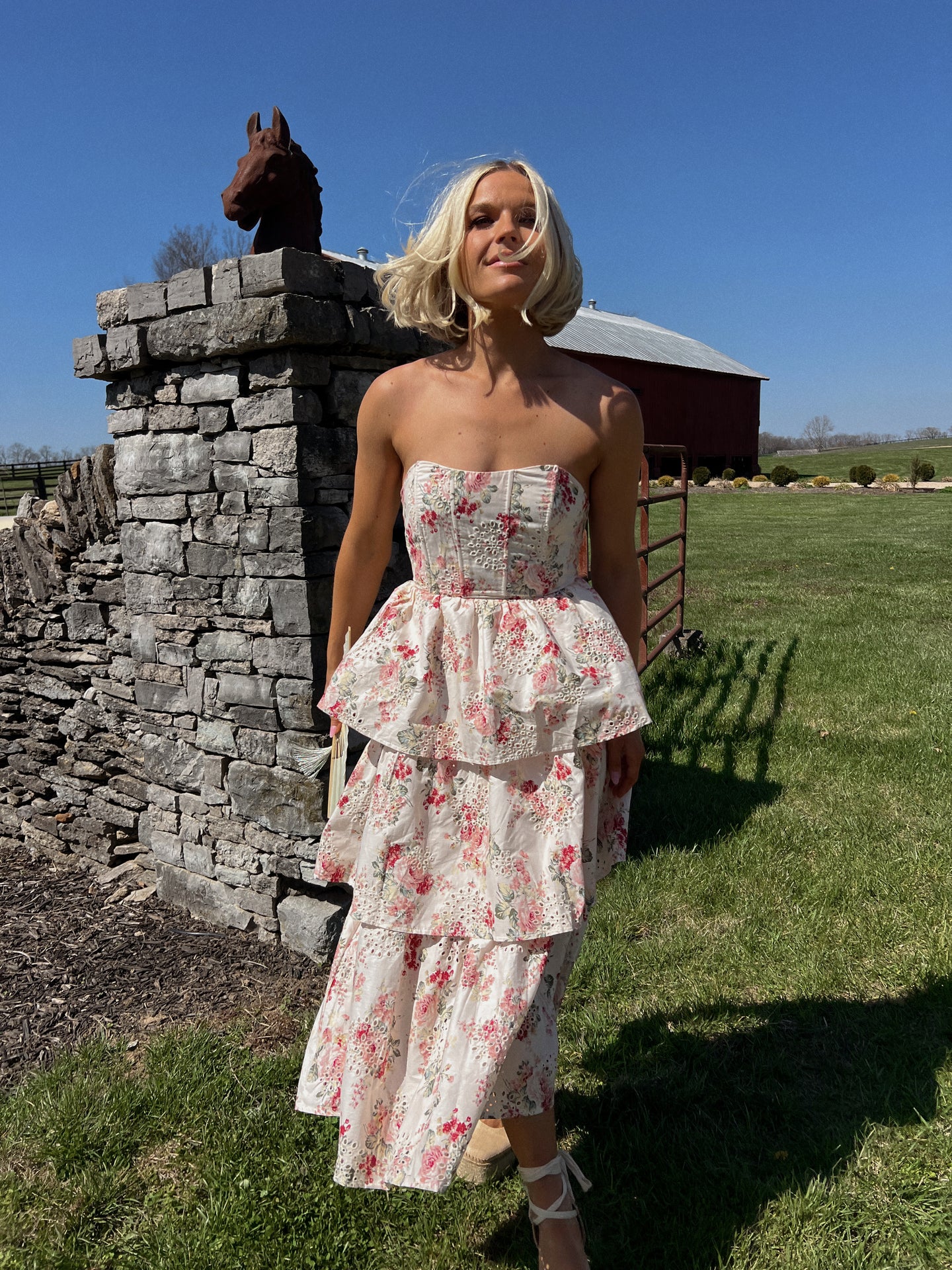 Rumi Floral Strapless Tiered Eyelet Midi Dress