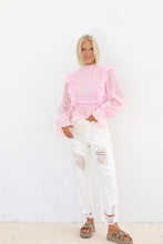 Load image into Gallery viewer, Eloise Mock Neck Eyelet Open-Back Blouse - Baby Pink

