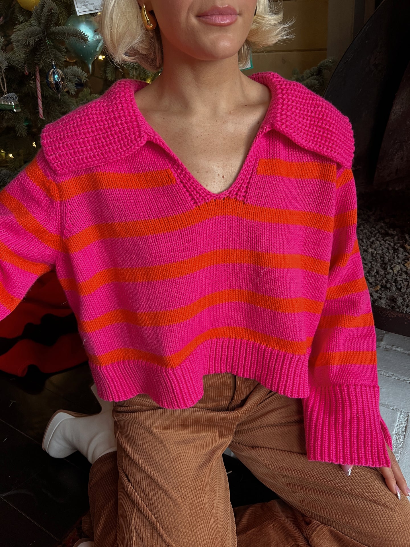 Sylvie Striped Collar Sweater - Pink/Orange