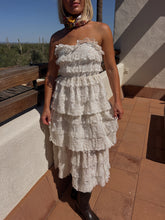 Load image into Gallery viewer, Rumi Lace Strapless Tiered Eyelet Midi
