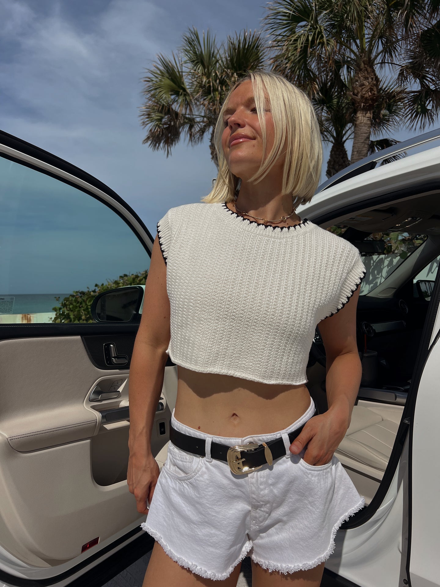 Maybelle Frill Hem Summer Sweater - White/Black