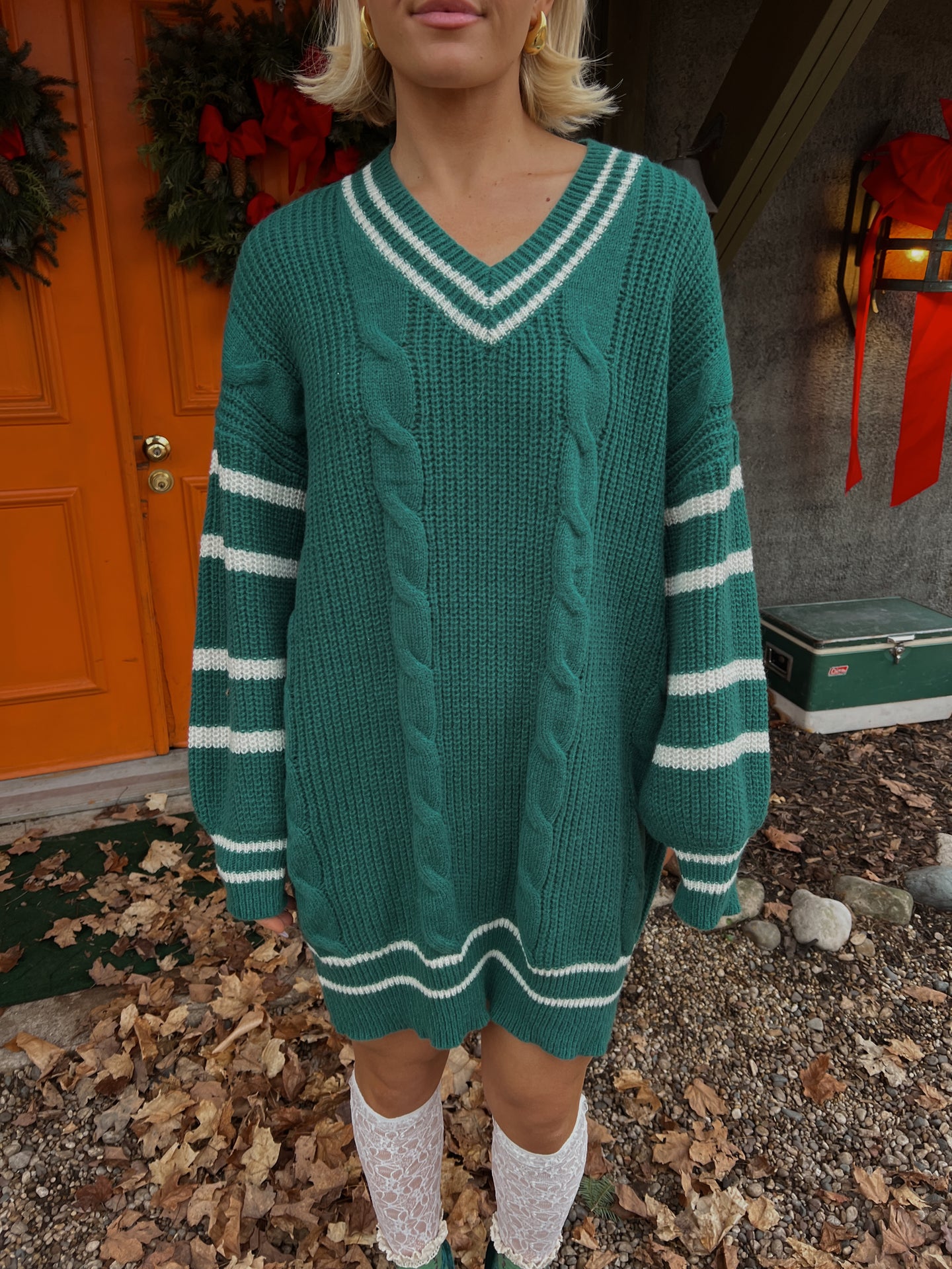 Margaret Cable Knit Sweater Dress - Green