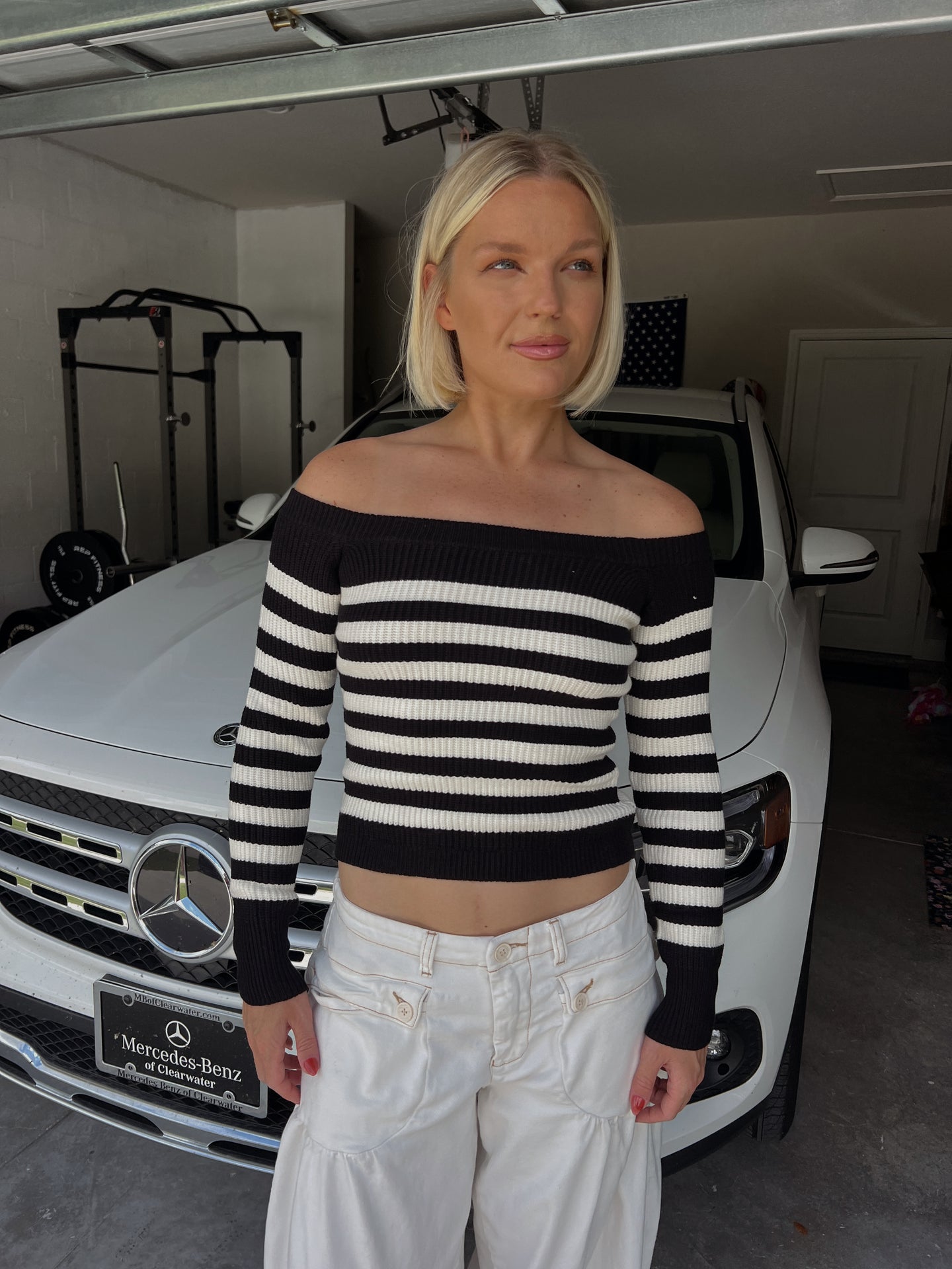 Dorinda Off Shoulder Striped Knit Sweater