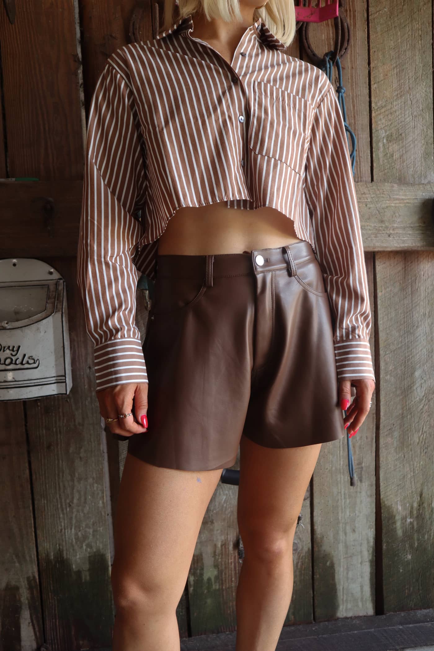 Riley High-Rise Flare Faux Leather Shorts - Brown