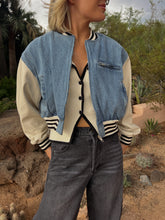 Load image into Gallery viewer, Julie Varsity Denim Bomber Jacket
