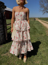 Load image into Gallery viewer, Rumi Floral Strapless Tiered Eyelet Midi Dress
