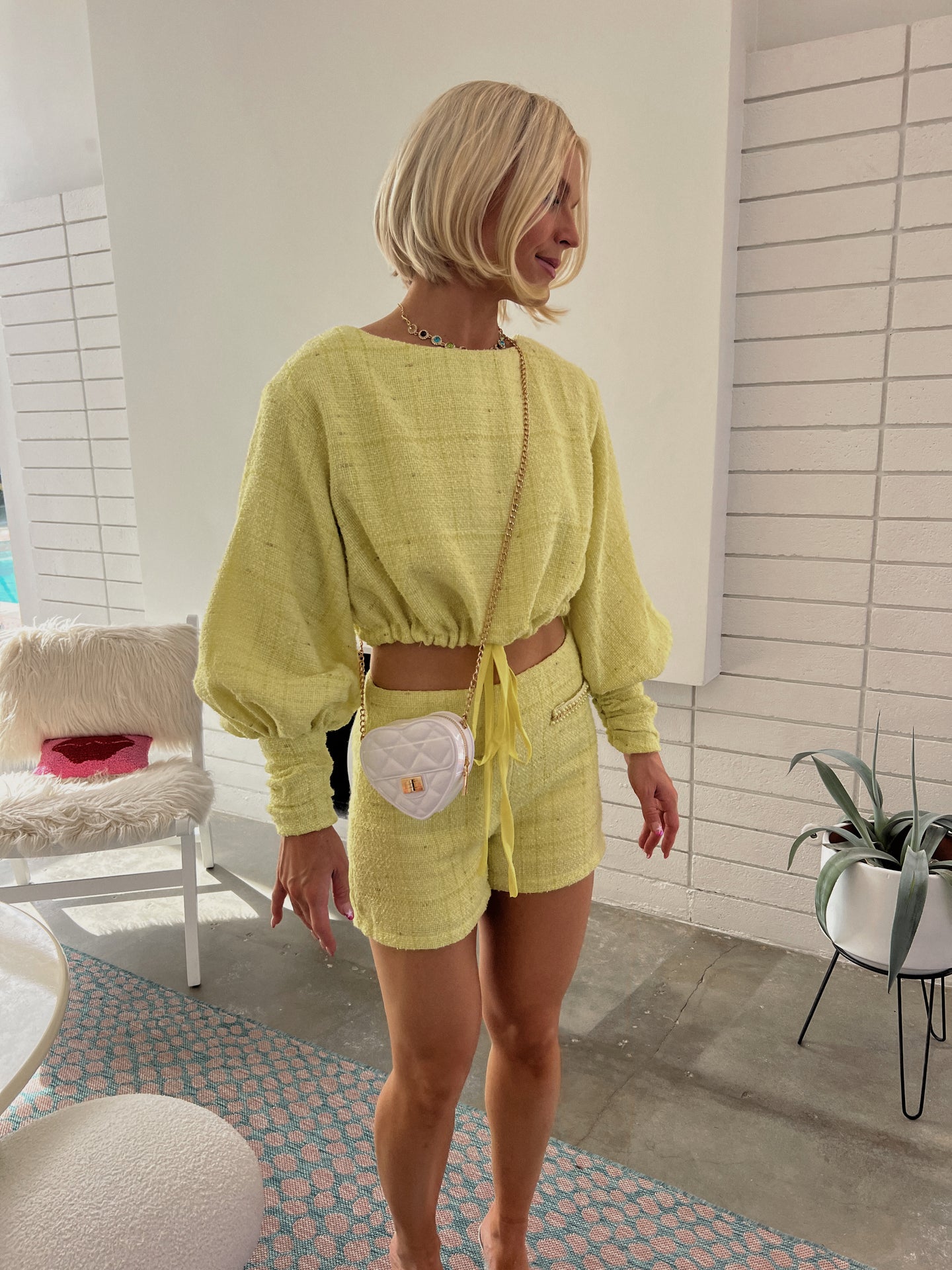 Barbara Tweed Crop Shorts Set - Yellow