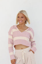 Load image into Gallery viewer, Carson Crop Stripe Sweater Hoodie - Cream/Pink

