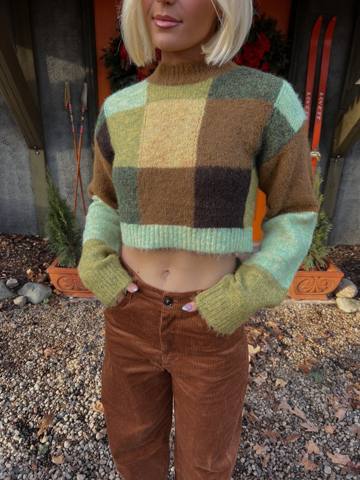 Cindy Crop Checkered Sweater - Green/Brown