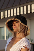 Load image into Gallery viewer, Cabana Girl Frayed Crochet Straw Bucket Hat - Black
