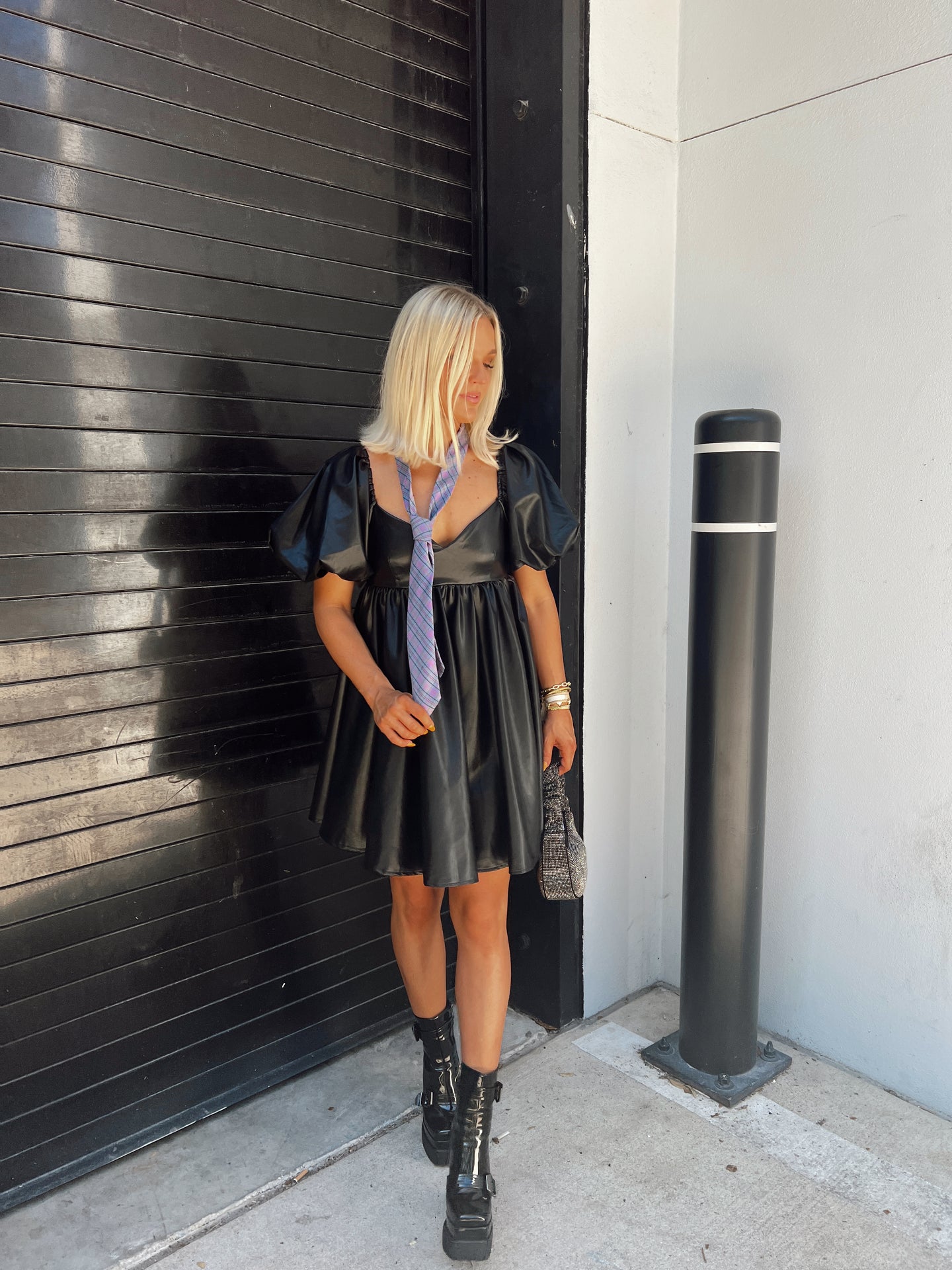 Kendall Vegan Leather Babydoll Dress - Black