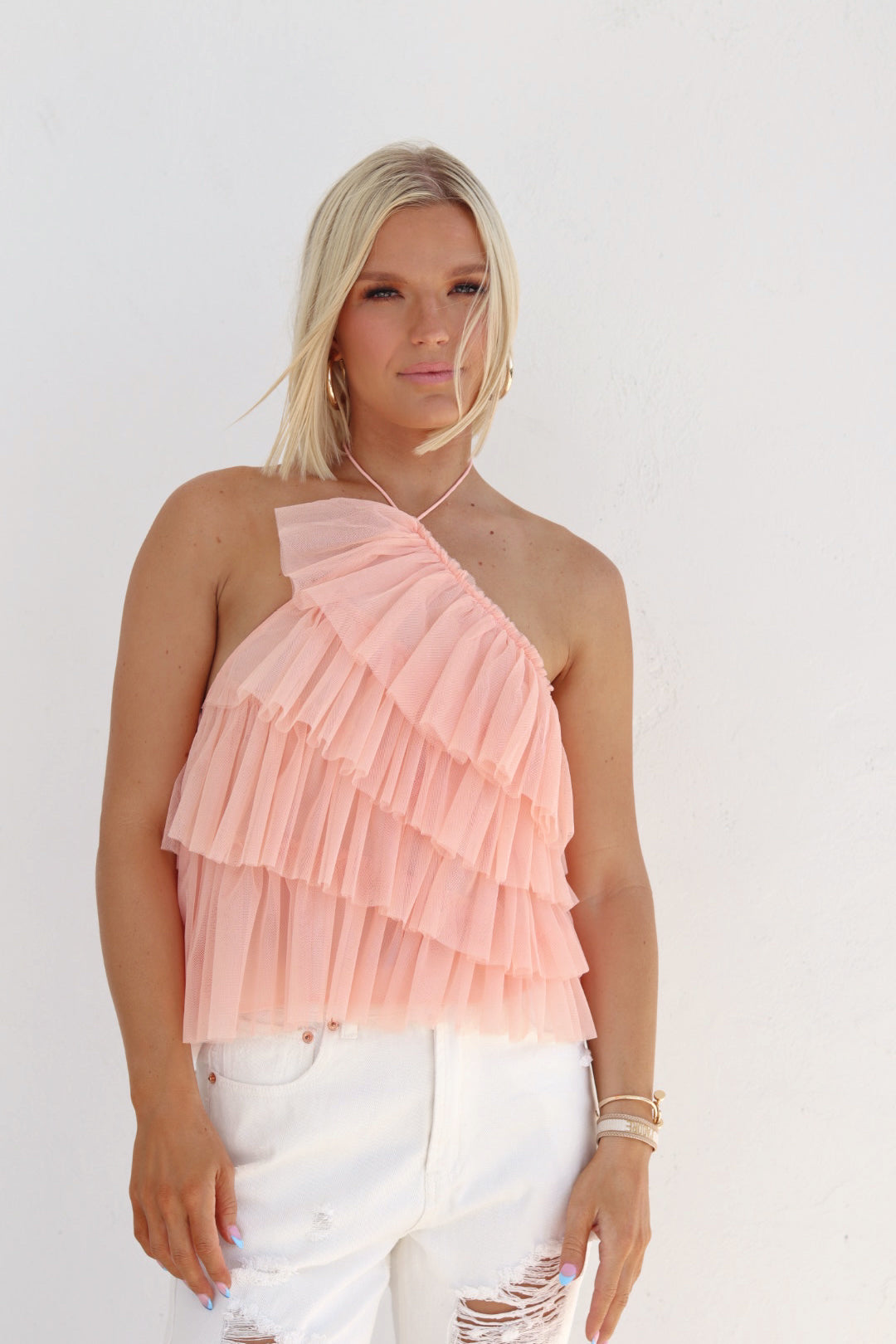 Macey Asymmetrical Tulle Halter Top - Apricot