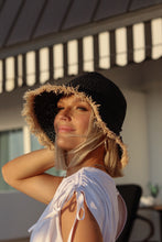 Load image into Gallery viewer, Cabana Girl Frayed Crochet Straw Bucket Hat - Black

