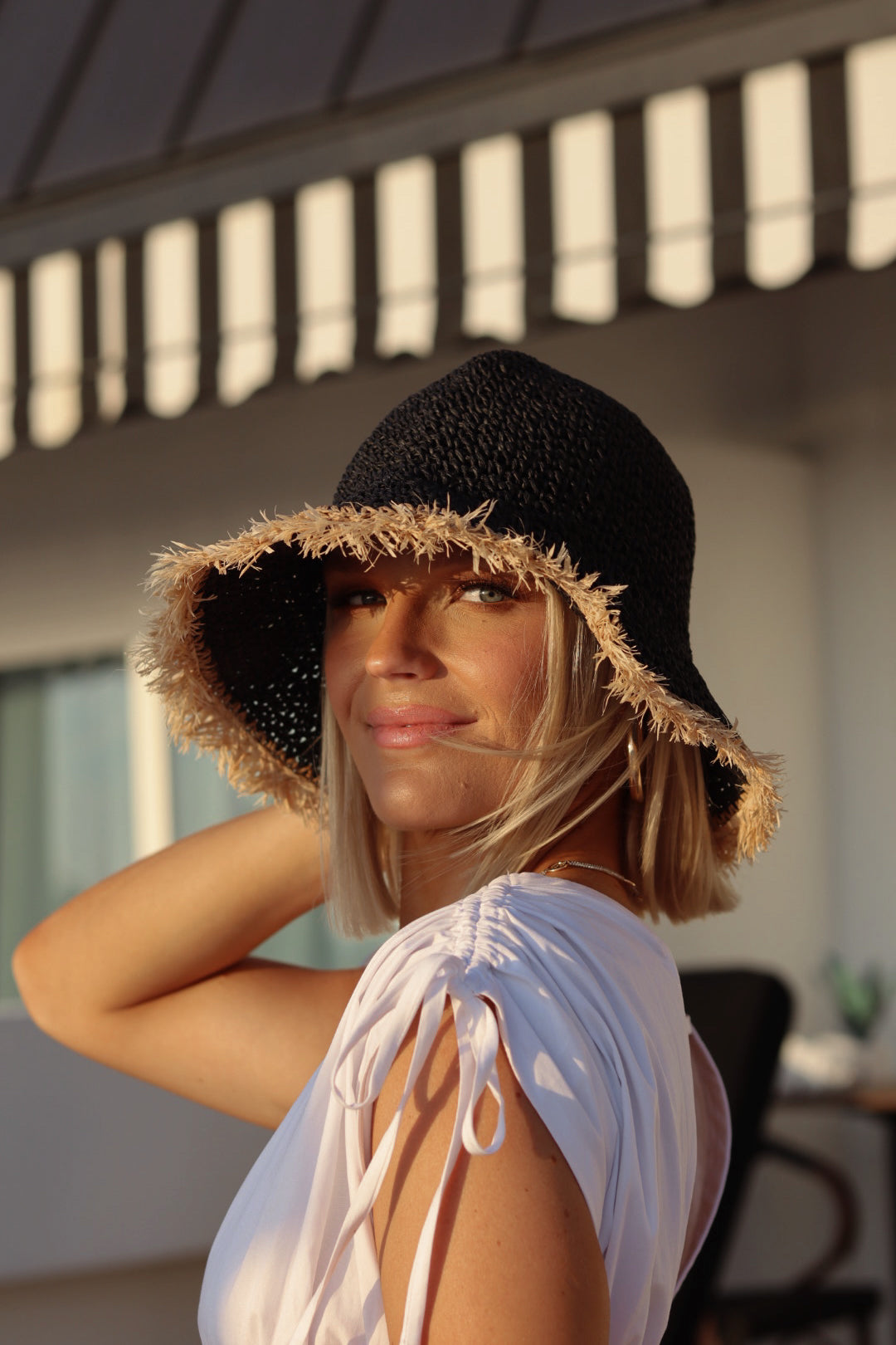 Cabana Girl Frayed Crochet Straw Bucket Hat - Black